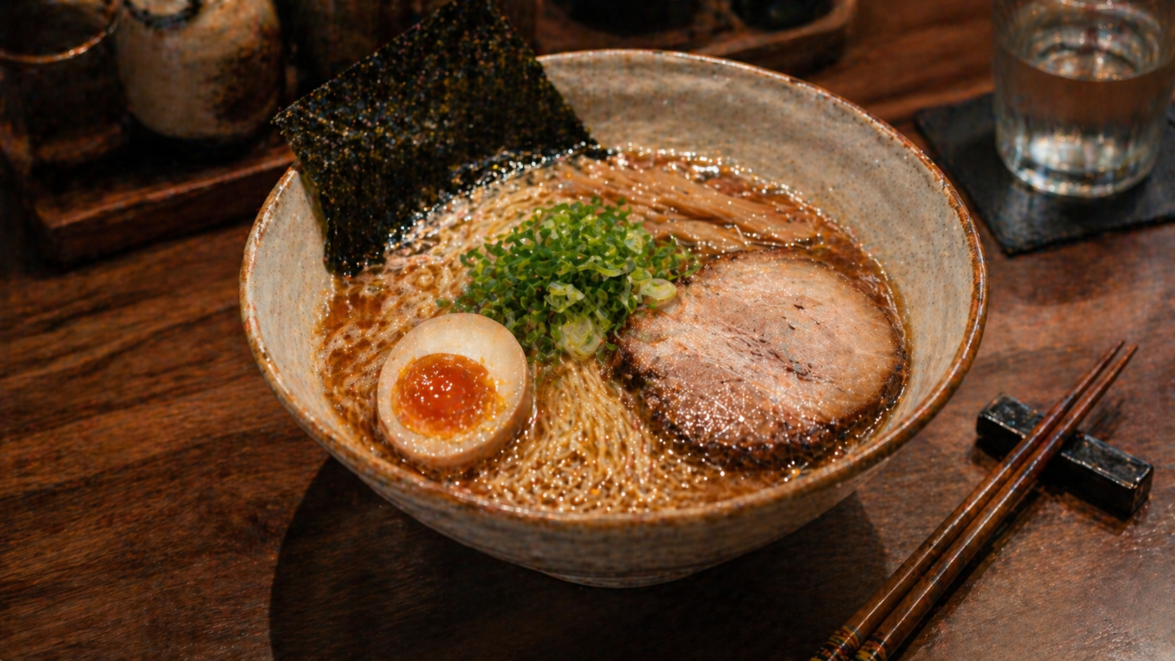 Plate of Japanese-style ramen with chopsticks on a wooden table in warm restaurant lighting