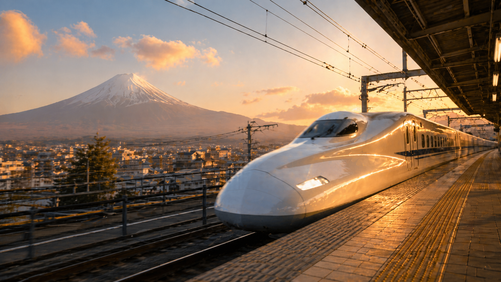 Shinkansen bullet train pulling into a Japanese station with Mt. Fuji in the distance at golden hour