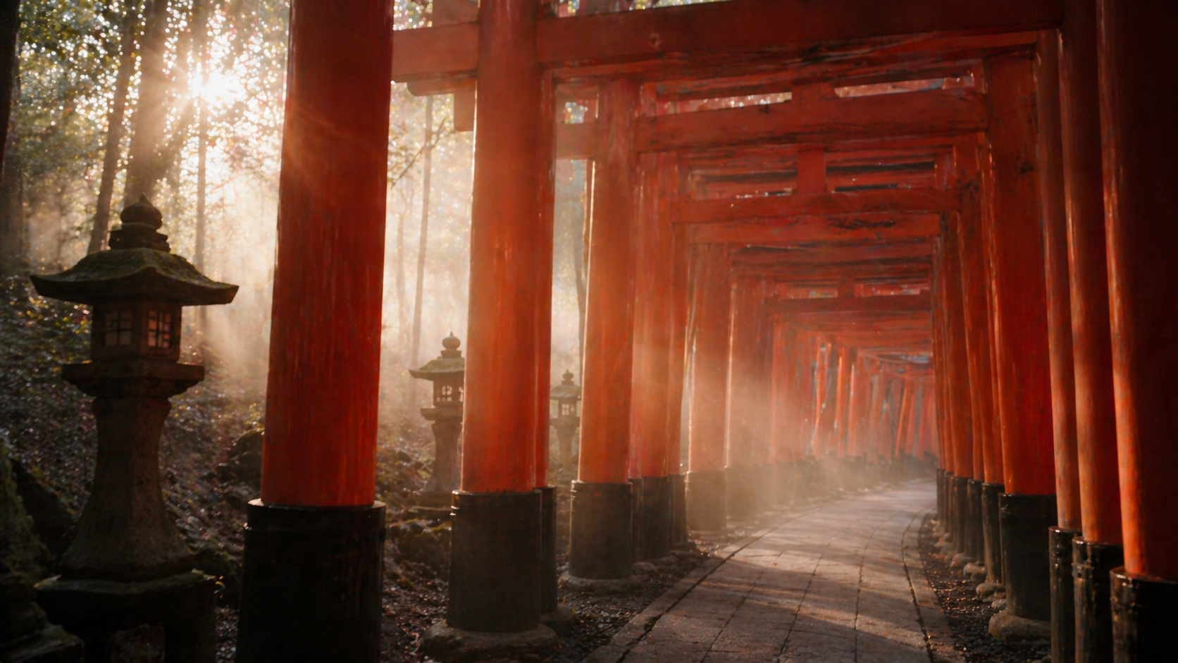 Fushimi Inari shrine torii gate tunnel at early morning with soft mist