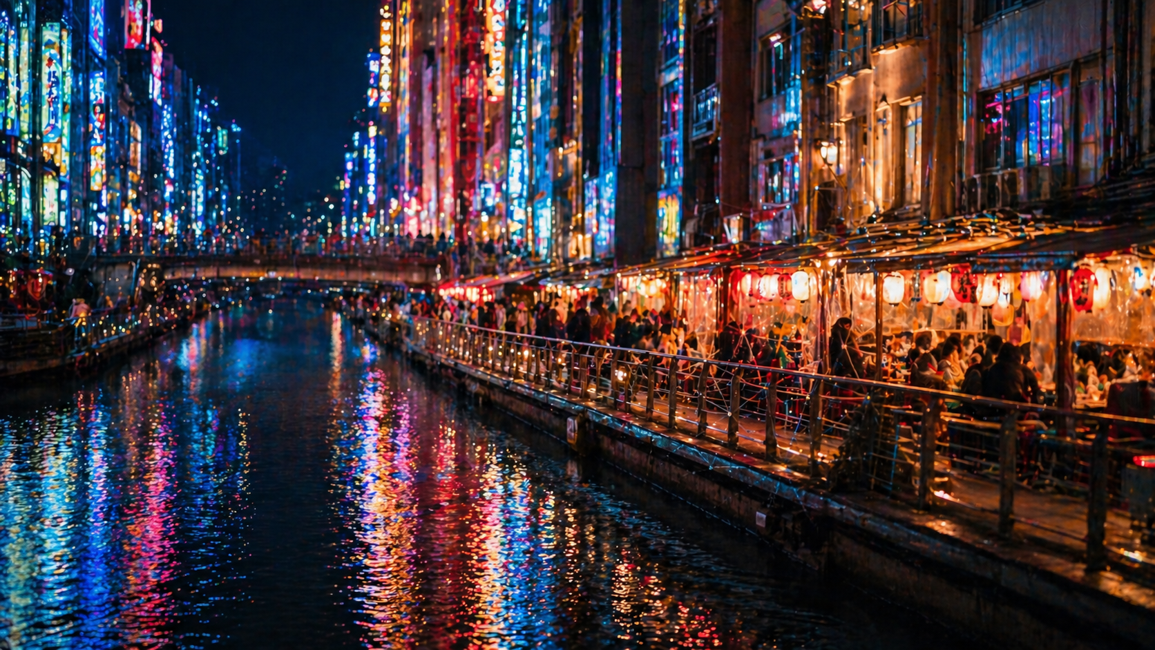 Dotonbori canal at night with vibrant neon signs reflecting on the water