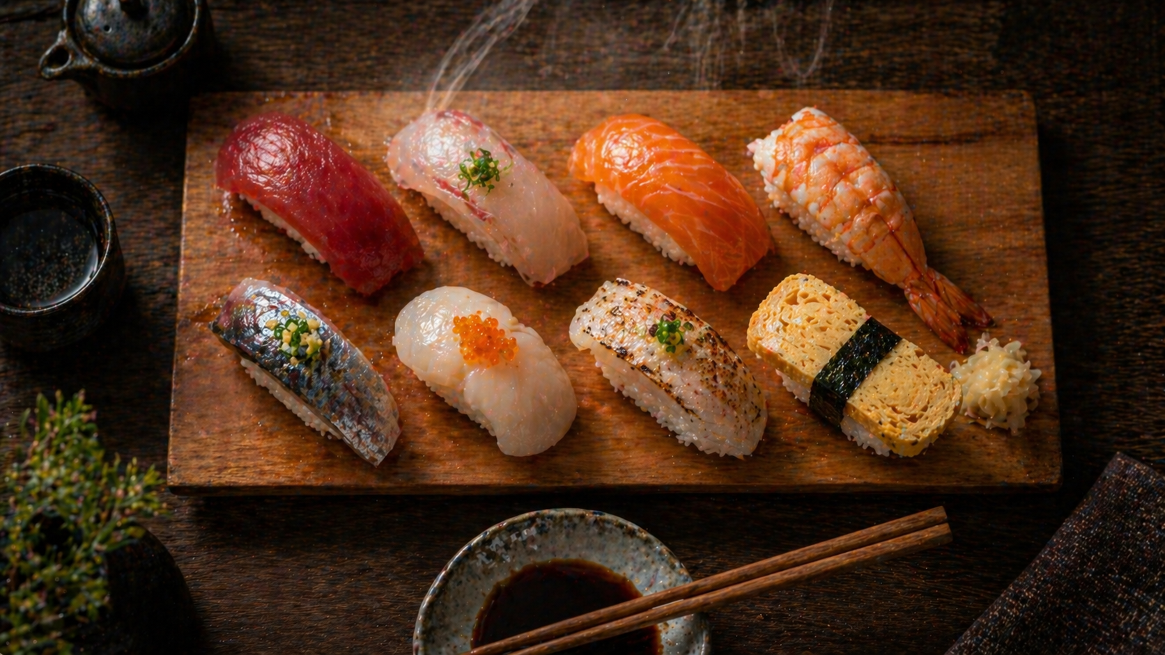 Assorted nigiri sushi on a wooden plate with soy sauce and chopsticks in premium editorial lighting