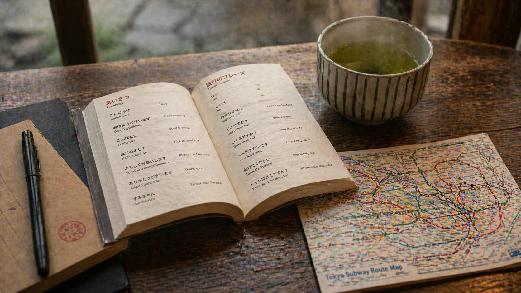 Open Japanese phrasebook on a wooden table with green tea and Tokyo metro map in soft cafe lighting